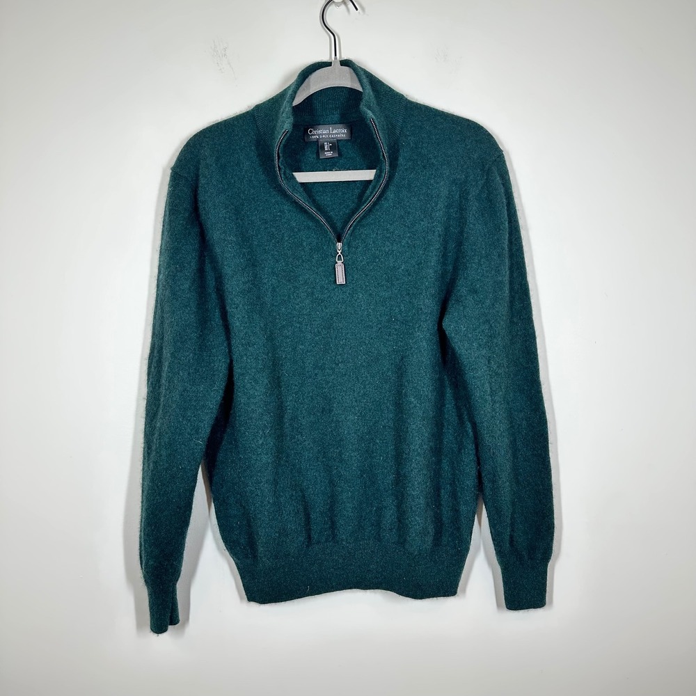 Christian Lacroix Sweater Womens Large Green 100% Cashmere Quarter Zip Pullover